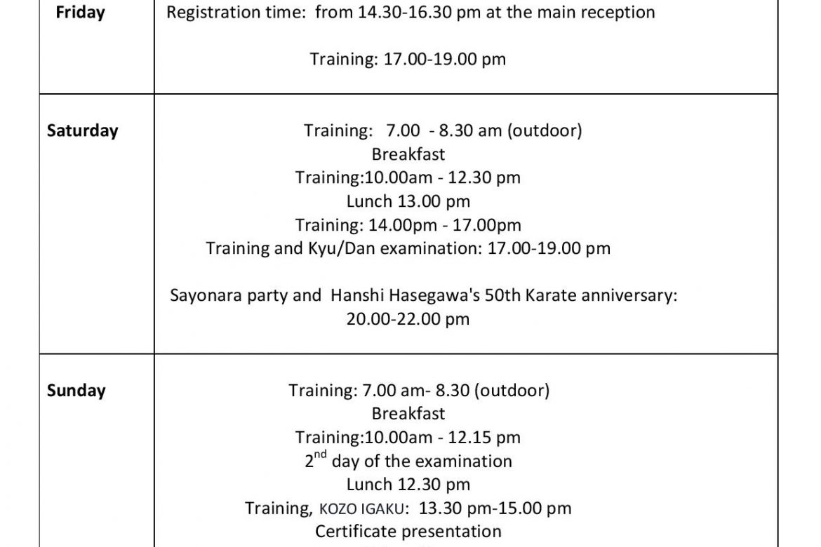 Schedule, Kyokushin Karate International seminar 2017